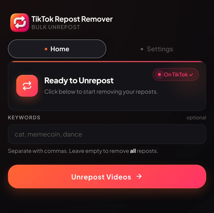 Extension popup showing the Unrepost Videos button