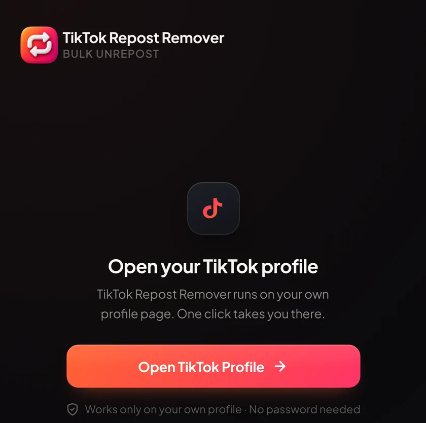 Extension popup with the Open TikTok Profile button