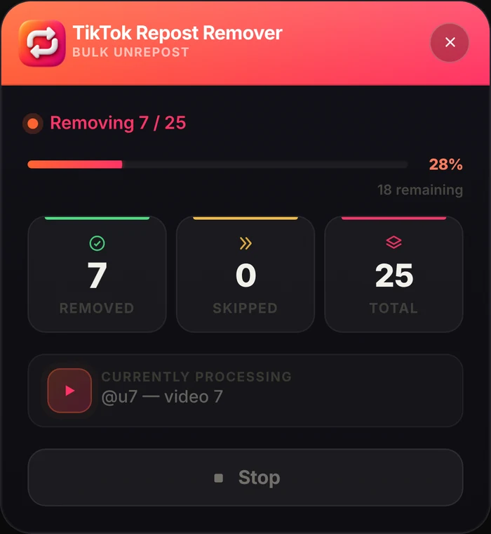 Live progress panel while removing reposts